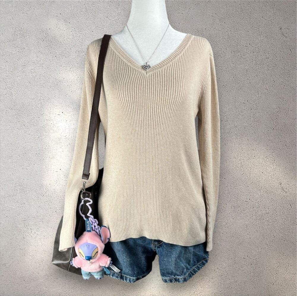 Karen Scott Pullover Sweater Women’s Small Cream Ribbed Marled V Neck Preppy Y2K